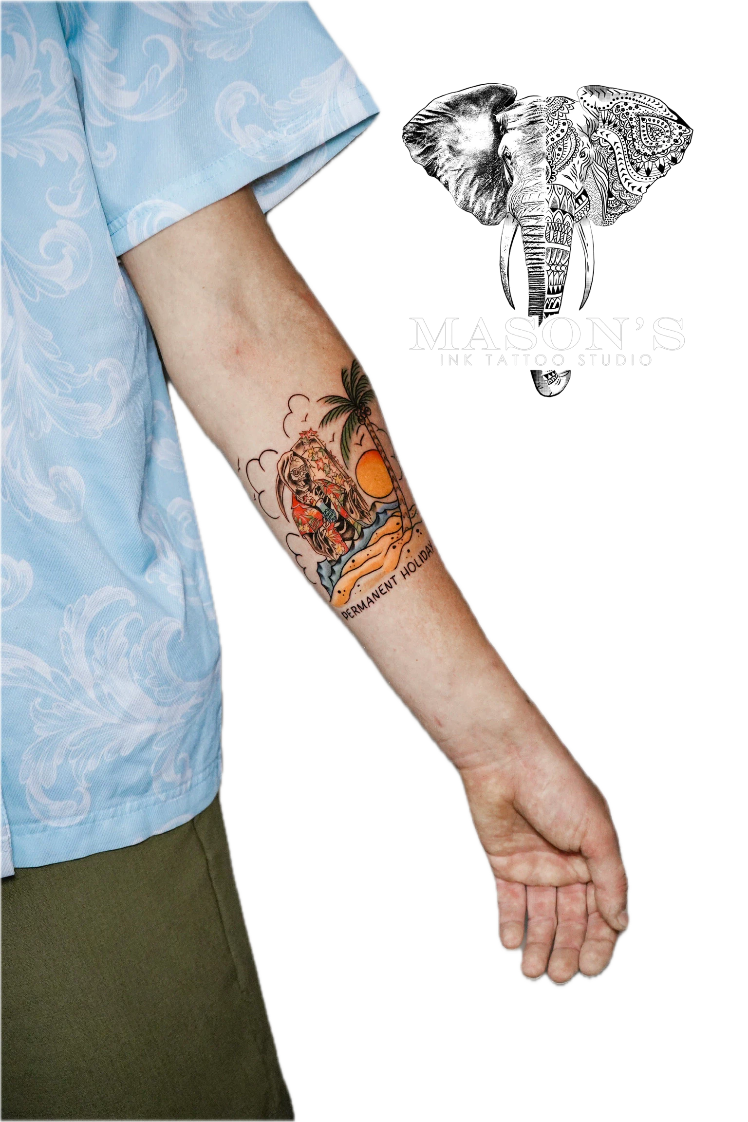 Colored Neo-Traditional Tattoo Design: a tropical island scene with a palm tree and sun on a forearm