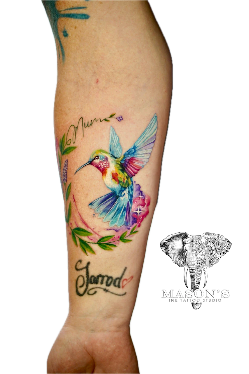 Realism Color Bird and Leaf Tattoo Design - Colour tattoo by Mason's Ink Tattoo Studio, Bali