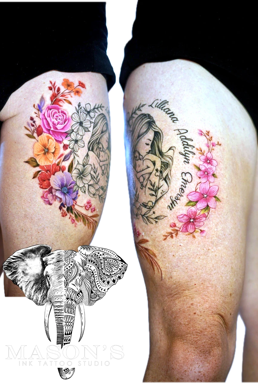Realism Color Floral Tattoo Design: a memorial portrait with flowers and lettering on the upper arm