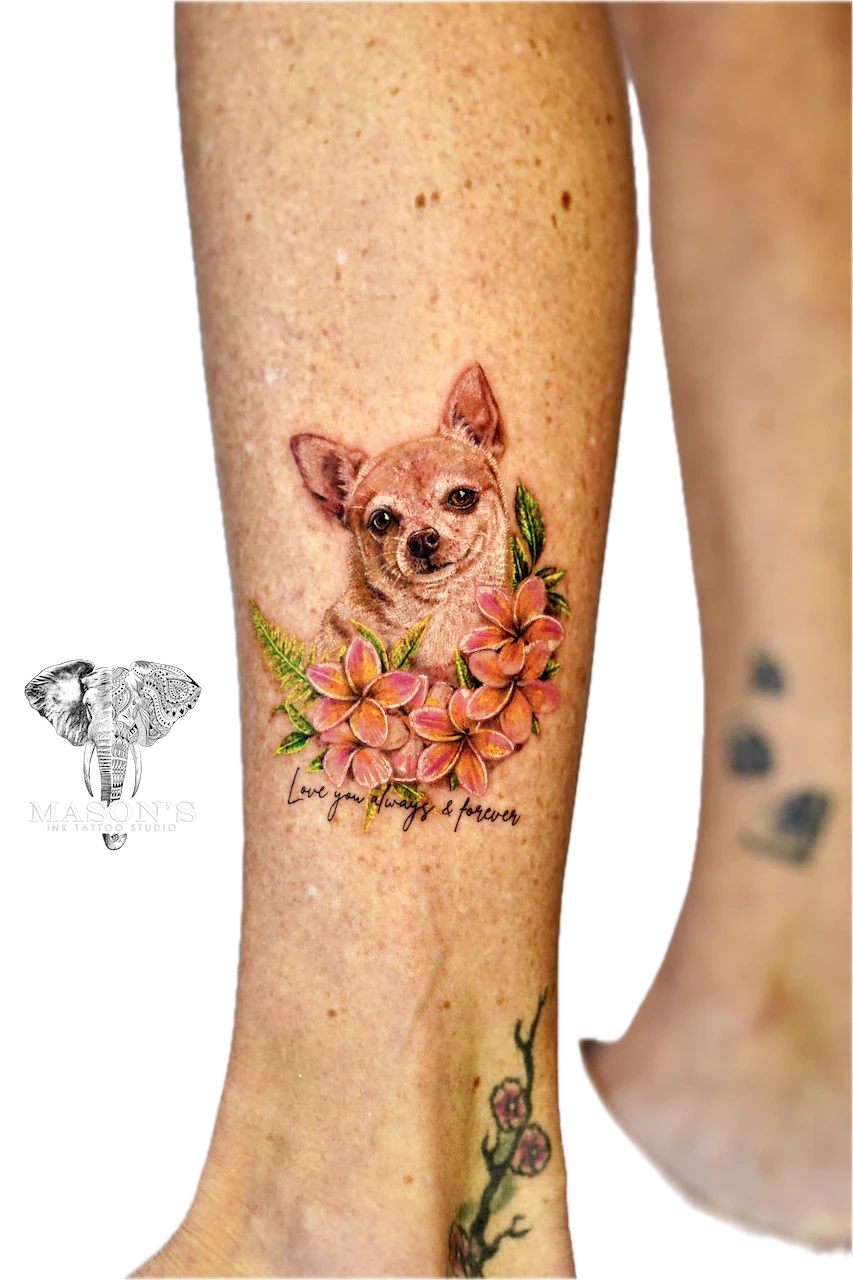 Realism Dog and Flower Color Tattoo by Mason’s Ink by Mason's Ink Tattoo Studio, Bali