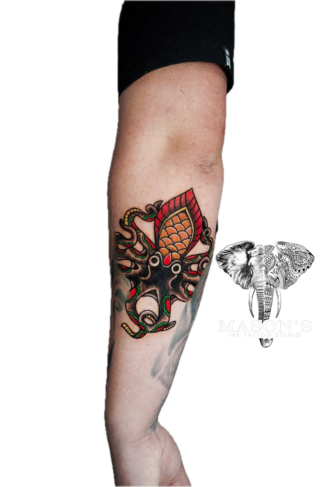 Colored Traditional Squid Tattoo Design: an octopus with a leaf and snakes on a calf