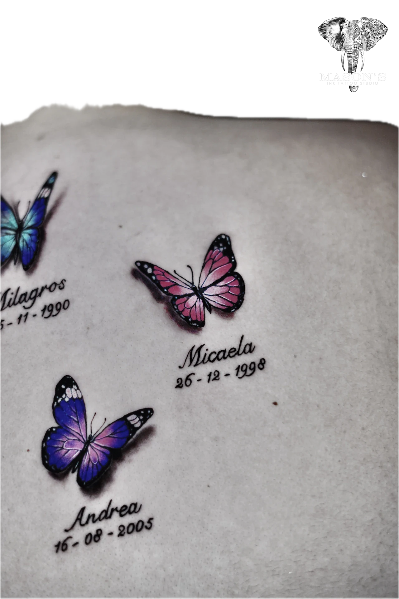 Realistic 3D Color Butterfly Tattoo Design: Three butterflies with names and dates in memorial tattoo