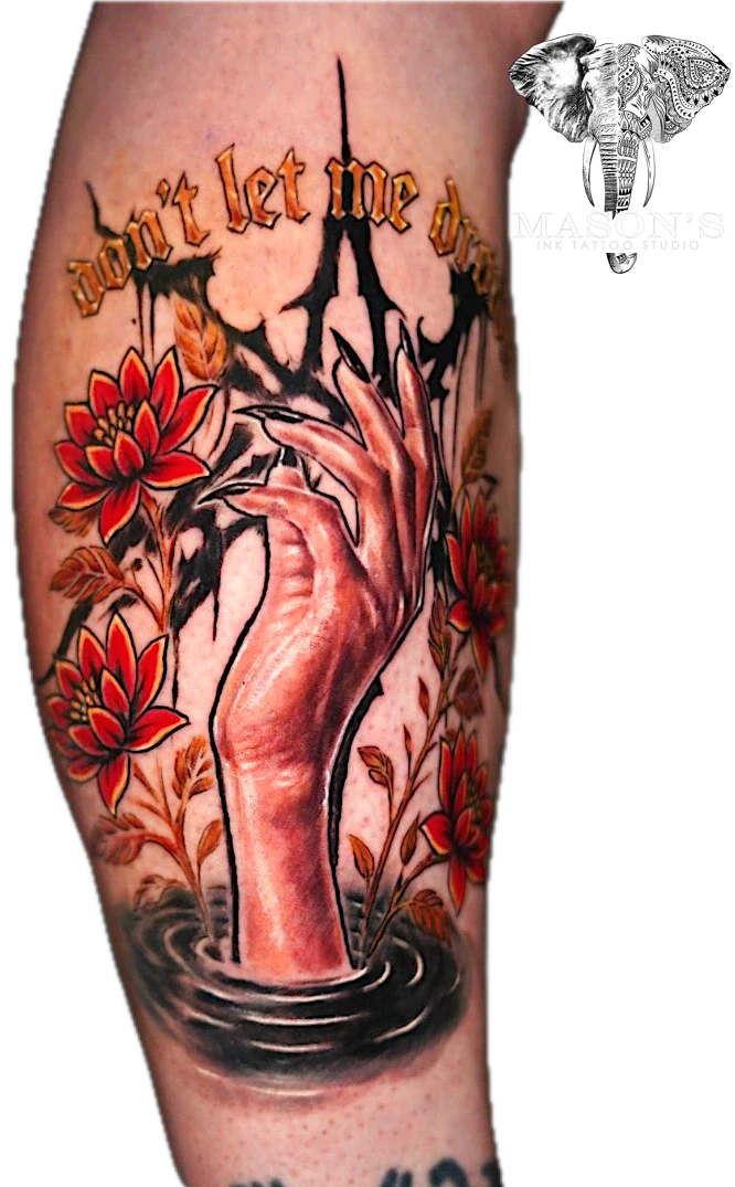 Color Hand Drawn in Lake with flower - Dont let me drown tattoo by Mason's Ink Tattoo Studio, Bali