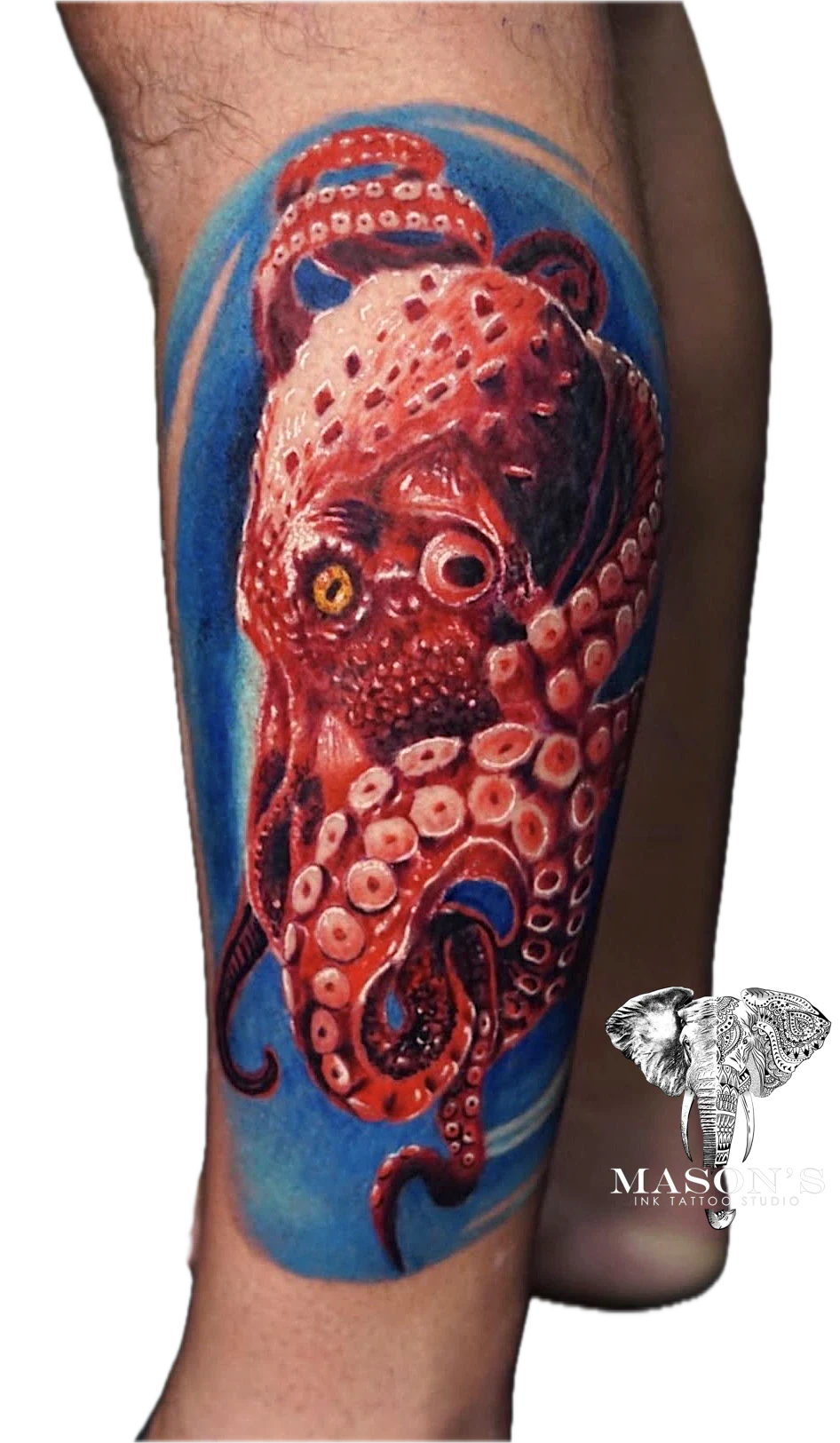 Color Red Octopus tattoo by Mason's Ink Tattoo Studio, Bali