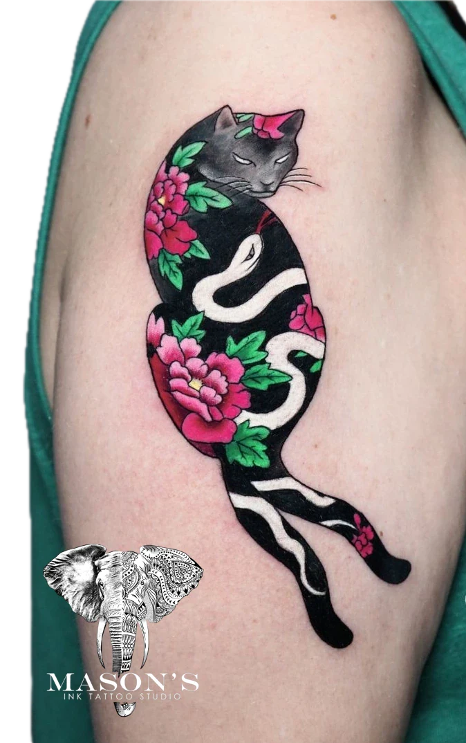 Japanese Black cat with Snake tattoo by Mason's Ink Tattoo Studio, Bali