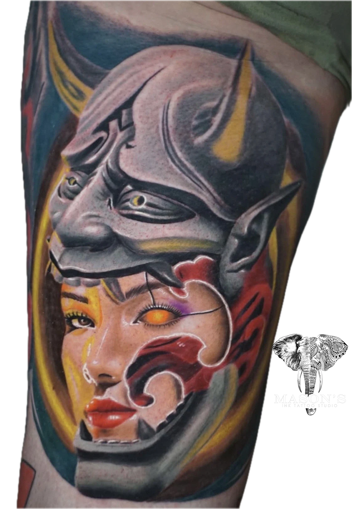 Colored Japanese Oni Tattoo Design by Mason's Ink Tattoo Studio, Bali