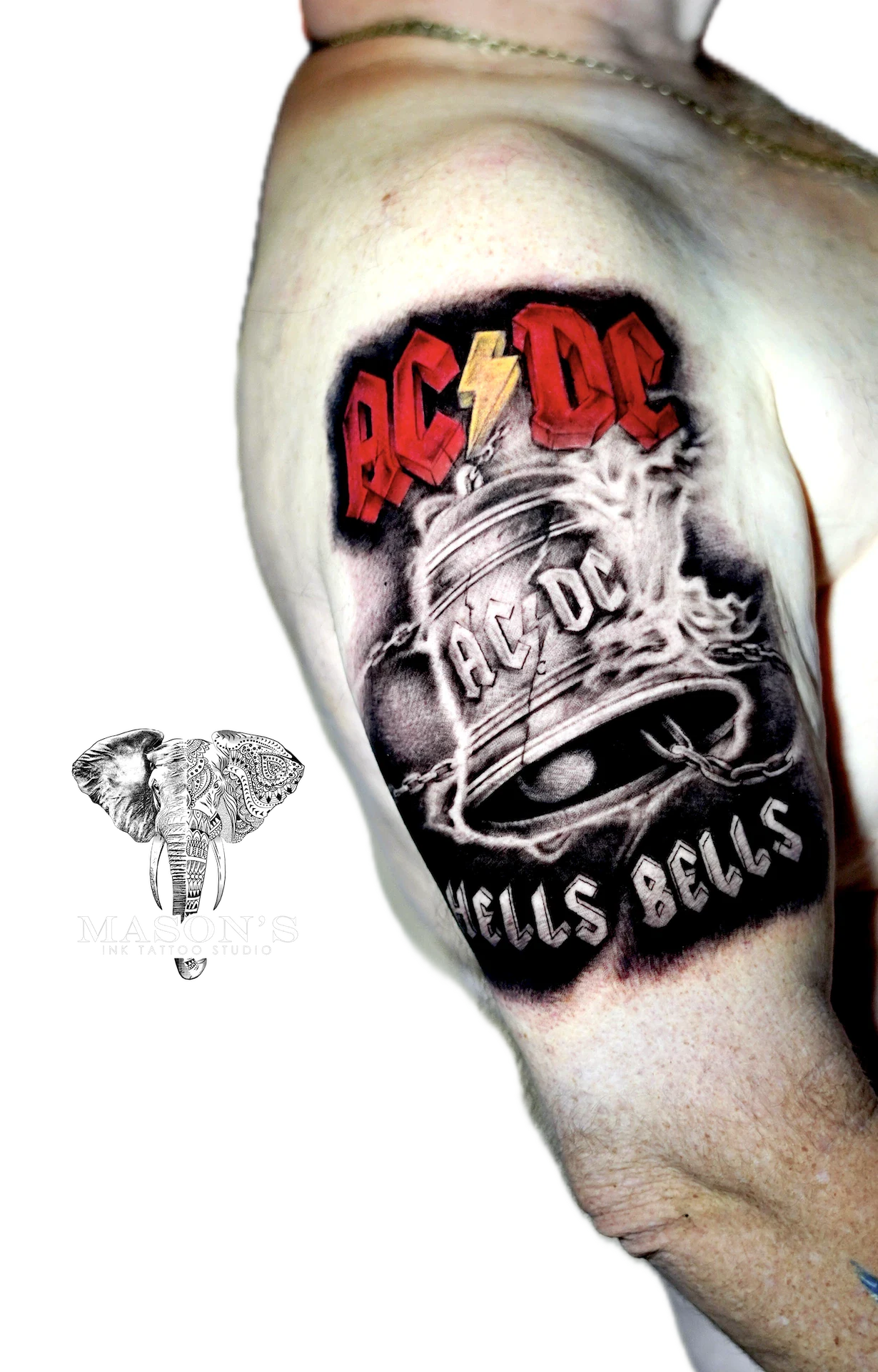 Realism AC DC tattoo by Mason's Ink Tattoo Studio, Bali