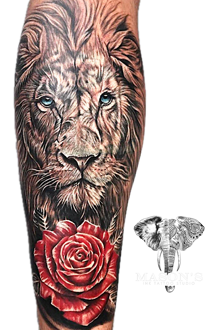 Traditional Tiger and Red Rose tattoo by Mason's Ink Tattoo Studio, Bali