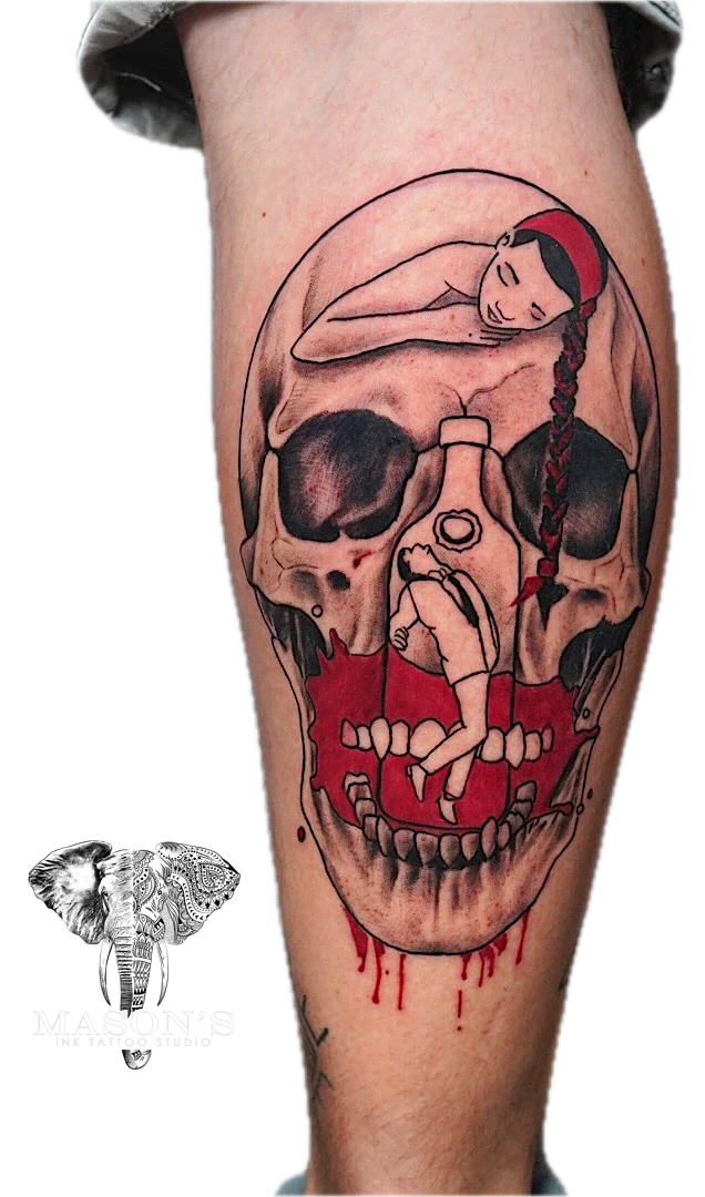 Traditional color Woman and Man in Skull tattoo by Mason's Ink Tattoo Studio, Bali