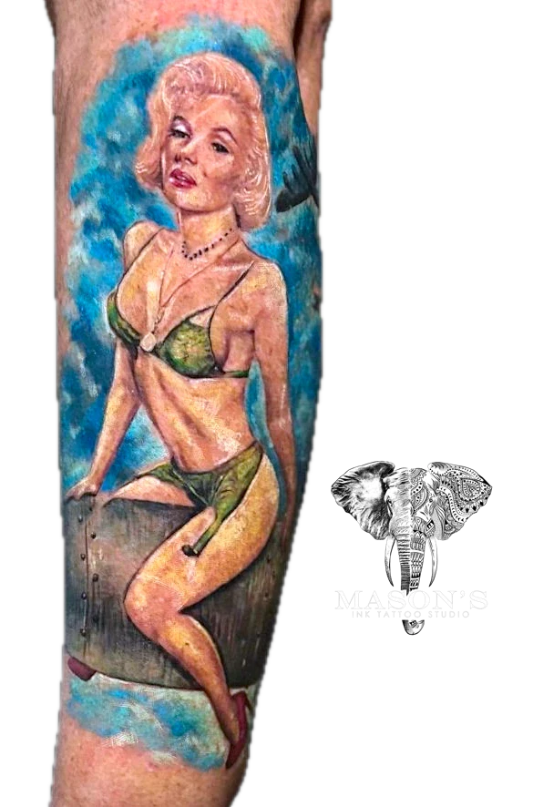 Color realism Marilyn Monroe tattoo by Mason's Ink Tattoo Studio, Bali