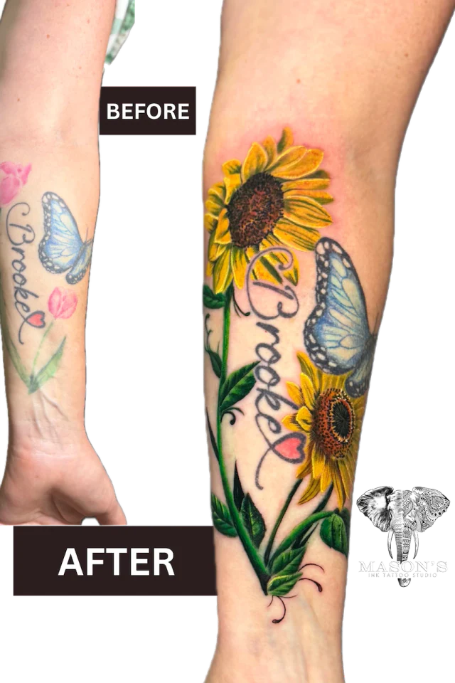 Before and after of a cover-up: an old script tattoo reworked into sunflowers, a butterfly and a name