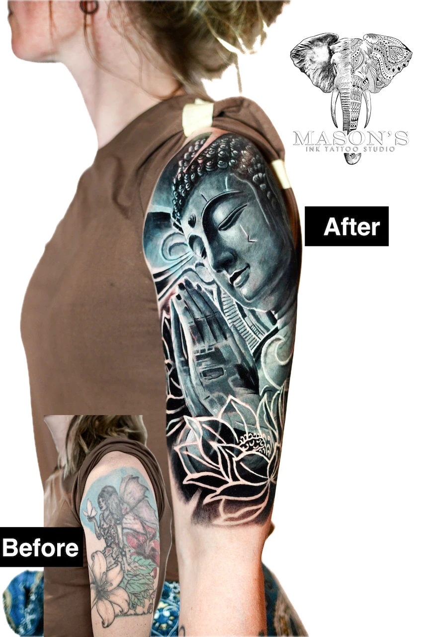 Realism Buddha Lotus Cover Up Tattoo Design - Cover Ups tattoo by Mason's Ink Tattoo Studio, Bali