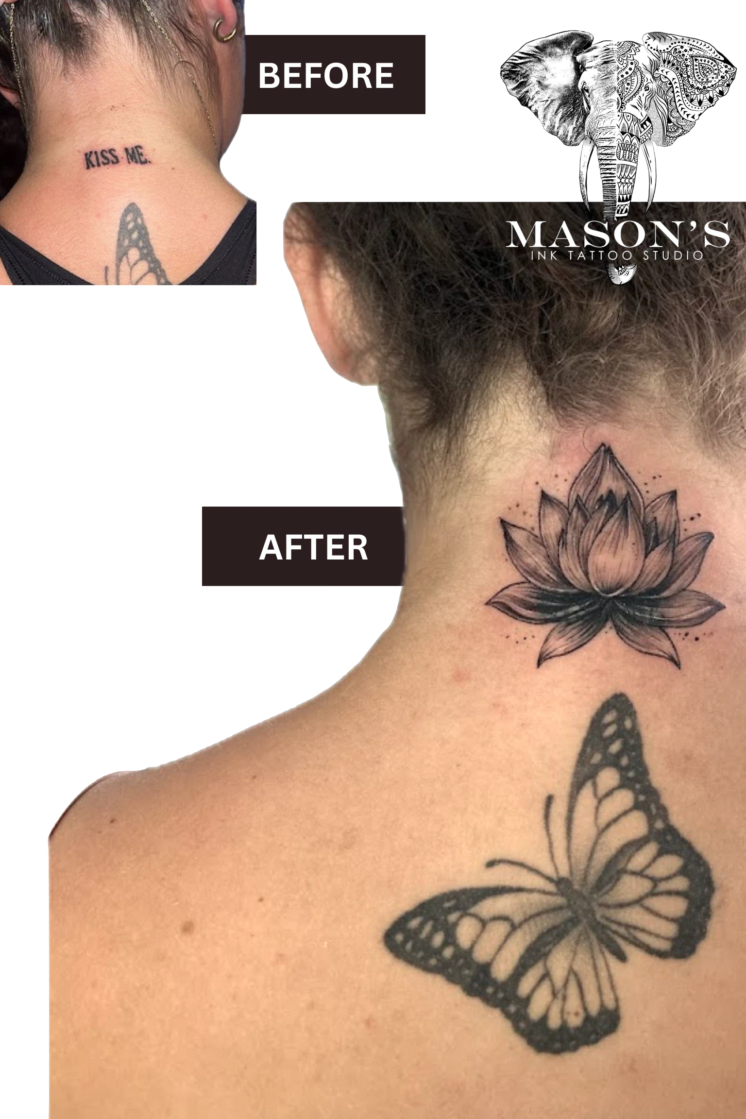 Kiss Me to Flower Lotur - Cover Up Before After tattoo by Mason's Ink Tattoo Studio, Bali