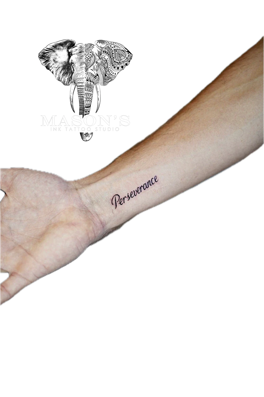 Fine Line Script Tattoo Design: Minimal black and grey lettering tattoo on the wrist