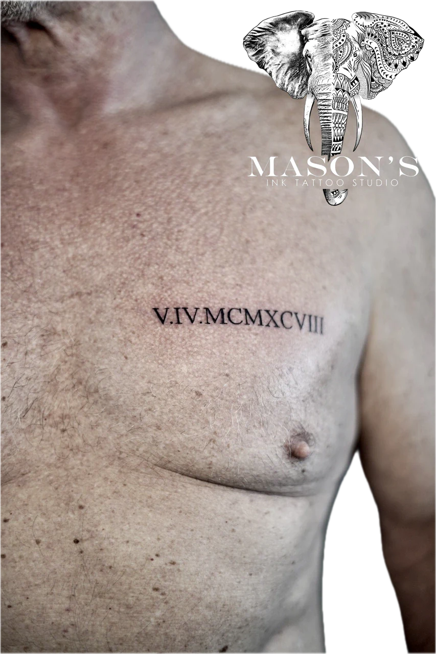 Fine Line Roman Numeral Script Tattoo Design by Mason's Ink Tattoo Studio, Bali