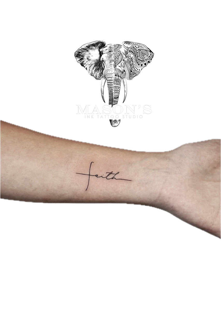 Fine Line Script Tattoo Design: a small forearm tattoo of the word 'faith' in cursive