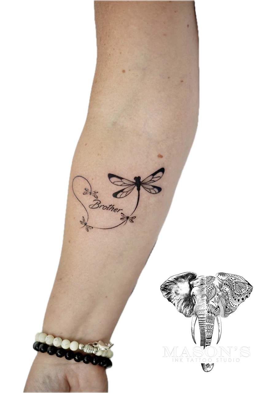 Fine Line Script and Dragonfly Tattoo Design by Mason's Ink Tattoo Studio, Bali
