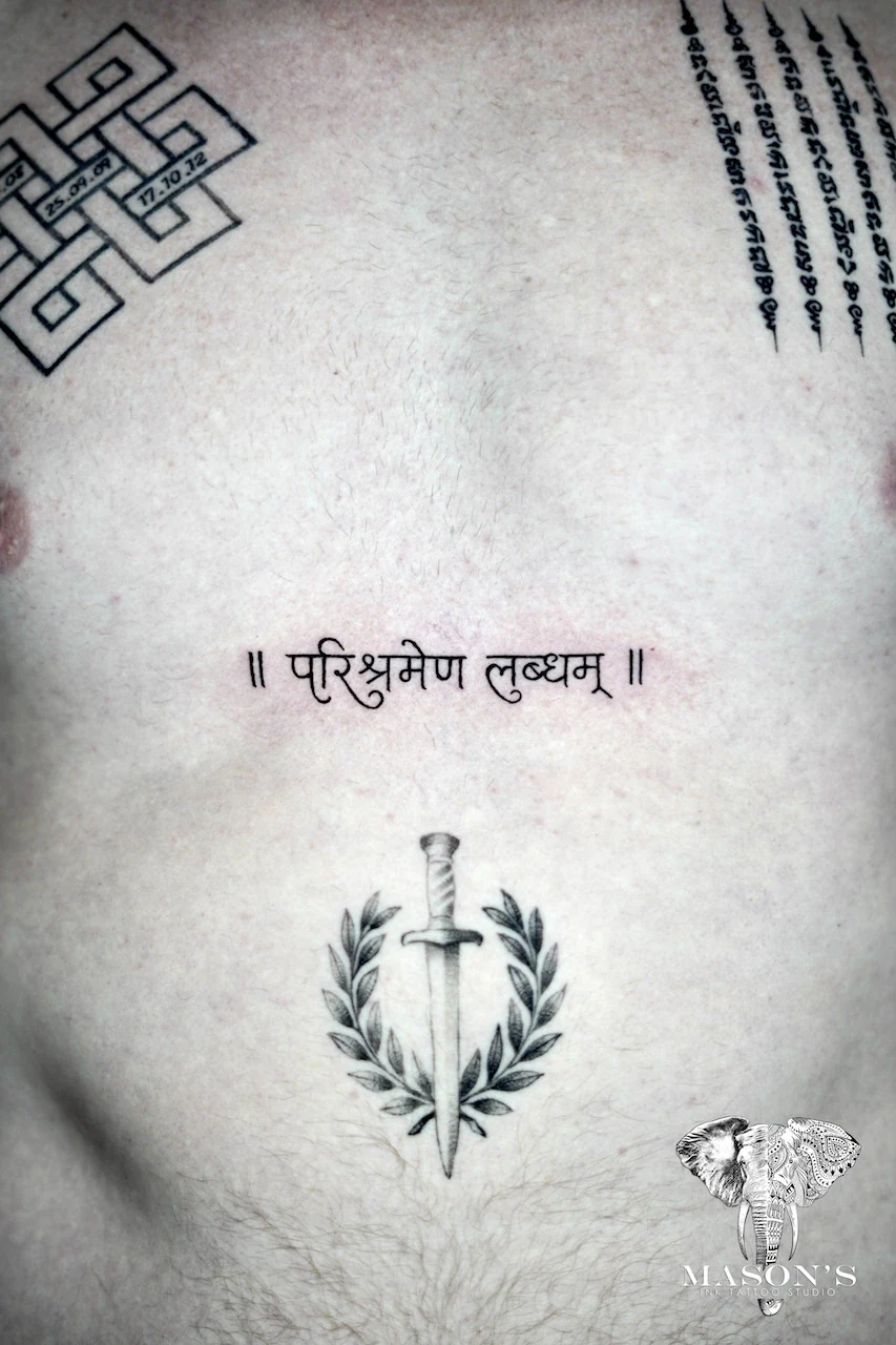 Fine Line Script Tattoo Design: a sword in a laurel wreath with Sanskrit lettering and geometric patterns