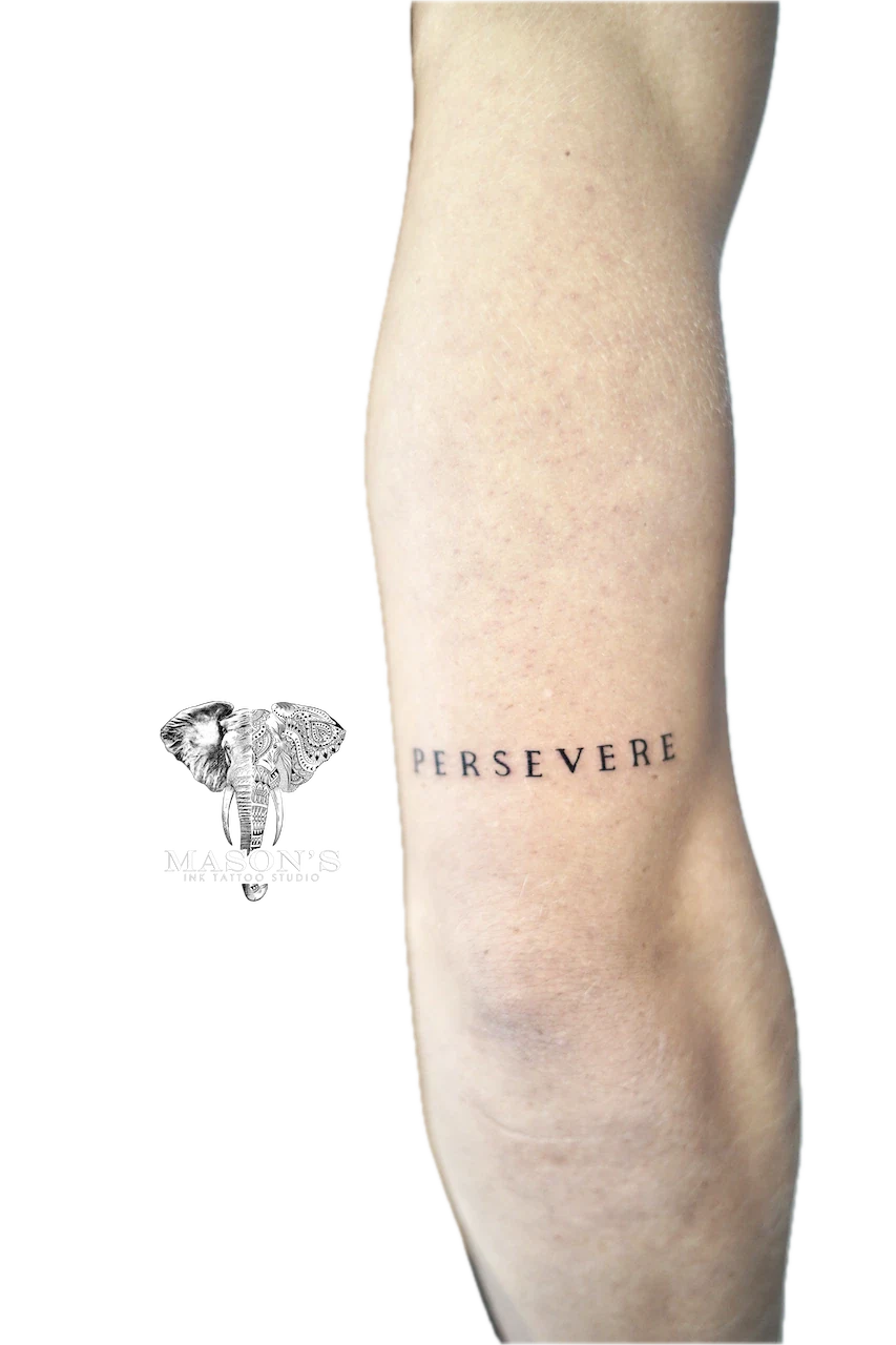 Fine Line Script Tattoo Design: Small forearm tattoo of the word 'persevere' in minimal script