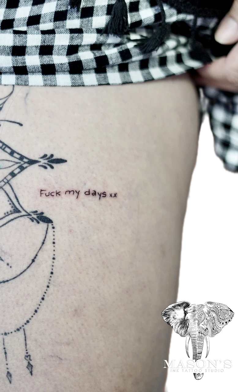 Fine Line Script Tattoo Design: Minimalist tree and bird with lettering on ribs