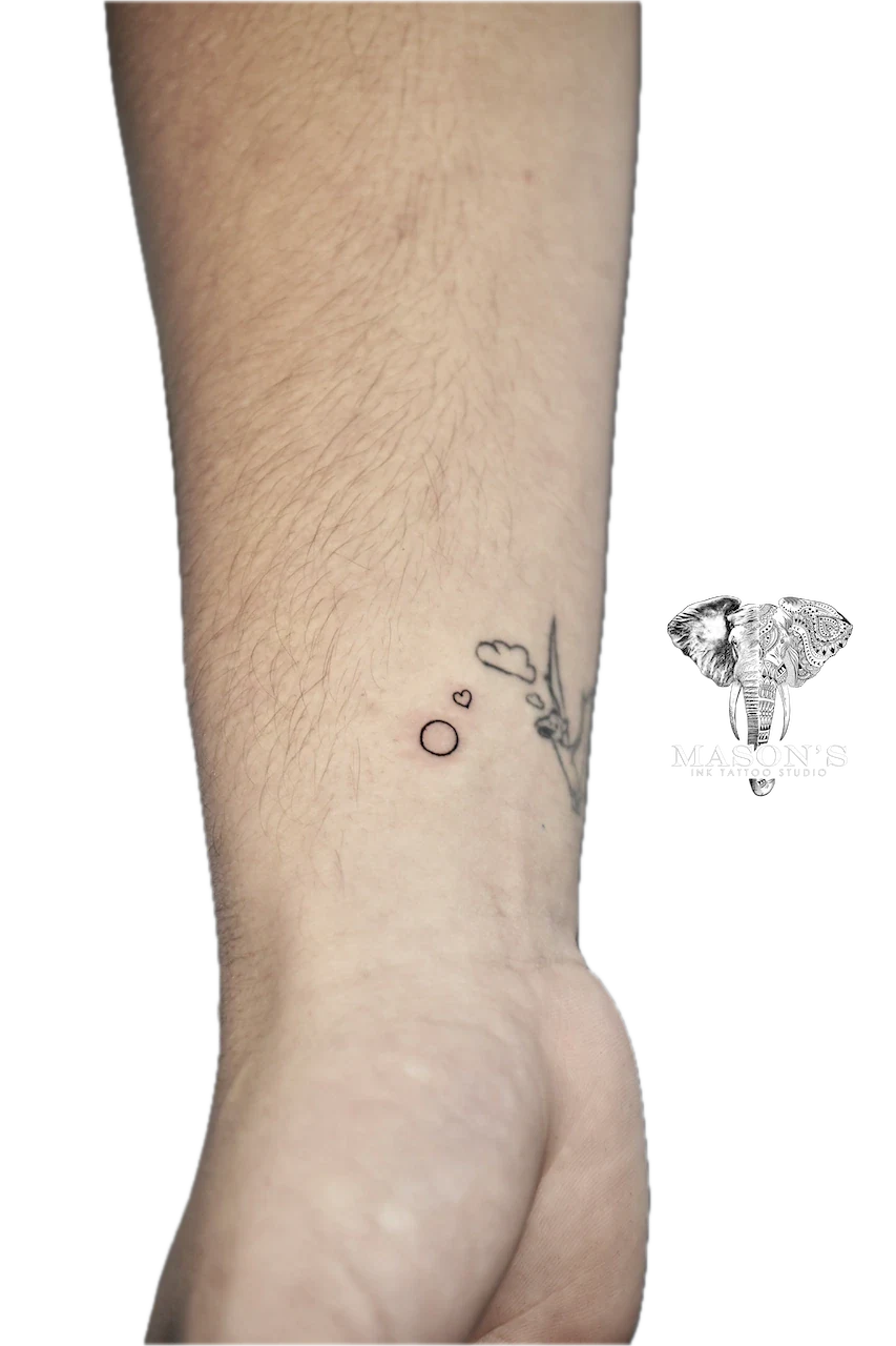 Fine Line Love Tattoo Design: Minimalist leaf and heart tattoo on the calf