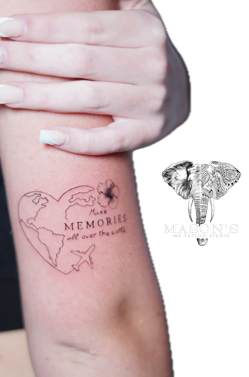 Fine Line Tattoo Design: a minimalist travel-themed tattoo with a world map and plane