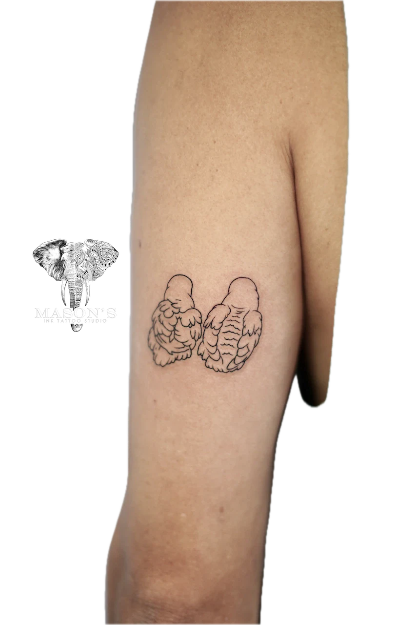 Fine Line Bird Outline Tattoo Design: Two sandals with straps on a calf
