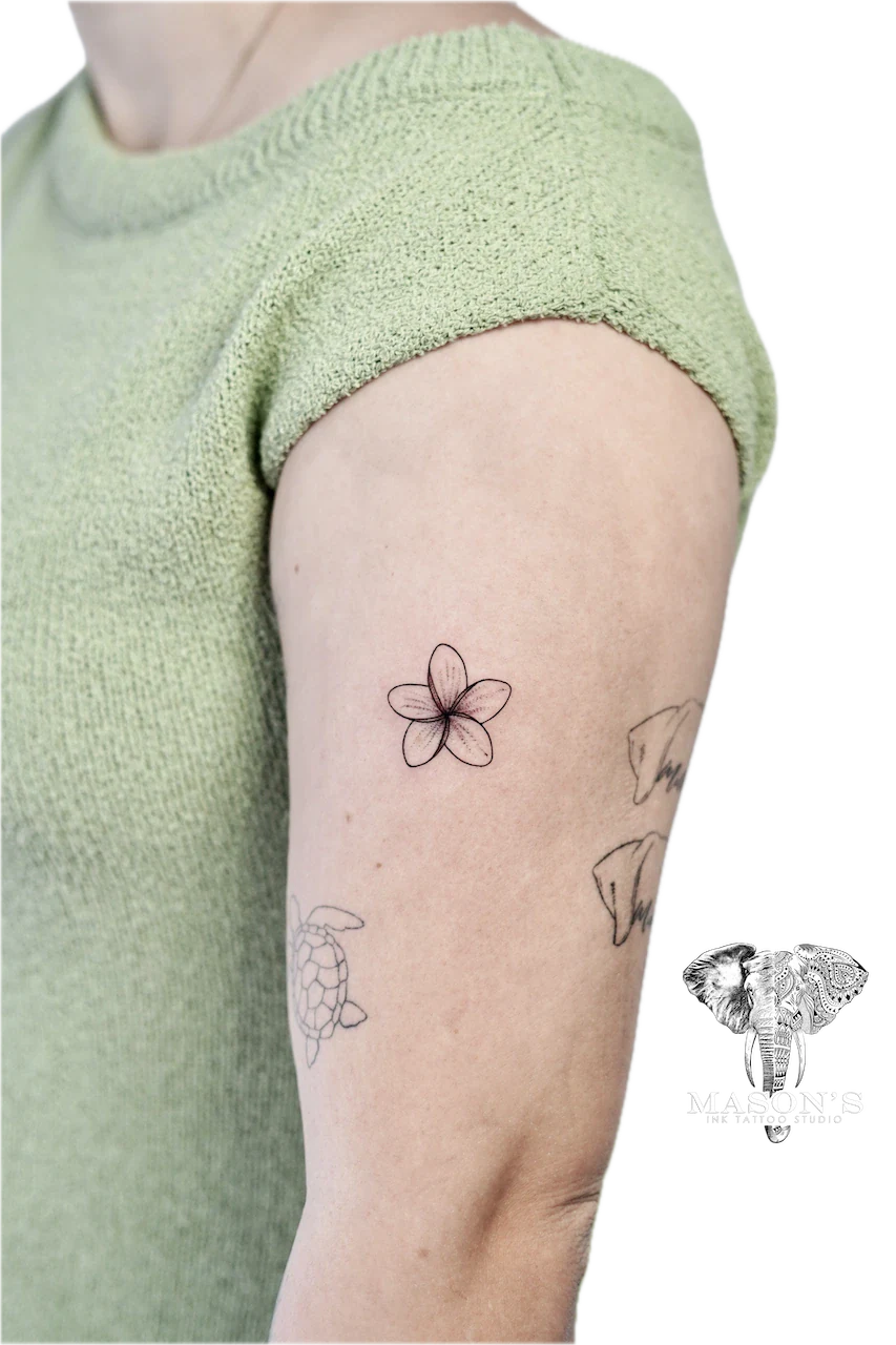 Fine Line Flower Tattoo Design: Minimalist nature tattoo with a flower, turtle, and shells