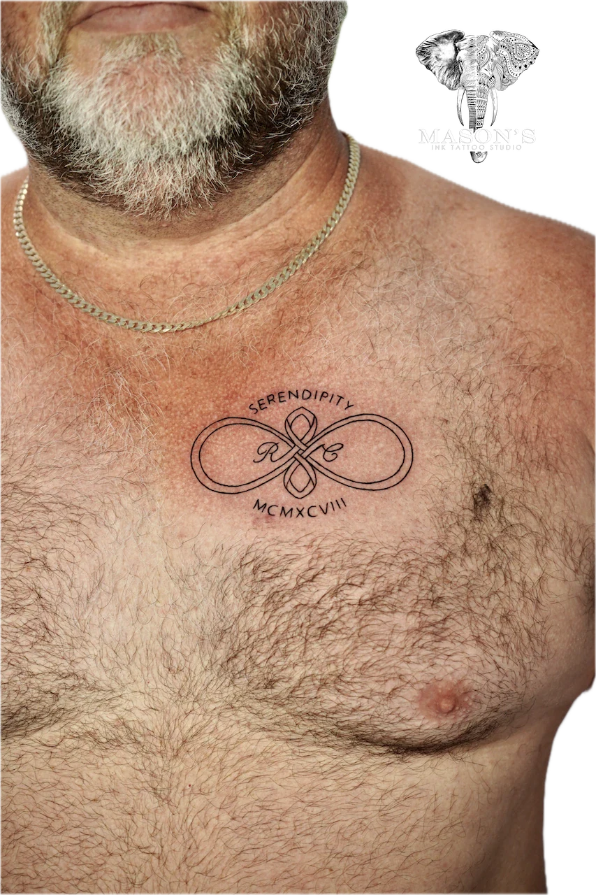 Fine Line Infinity Tattoo Design: Minimal infinity symbol with lettering and a flower on chest