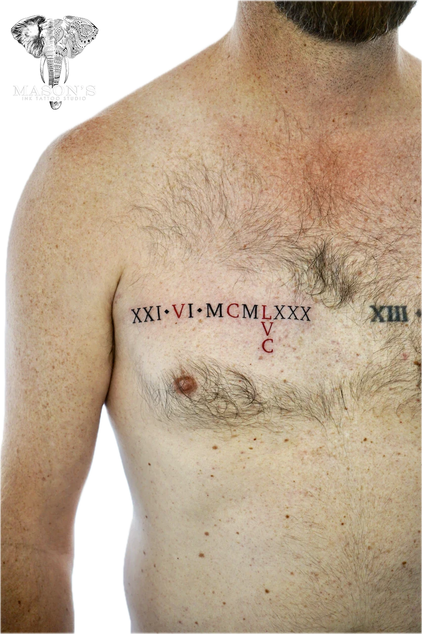 Fine Line Script Tattoo Design: Roman numerals and a heart on the chest