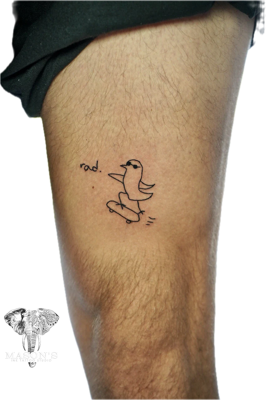 Fine Line Duck Tattoo Design: a minimalist bird and wave tattoo with lettering on a thigh