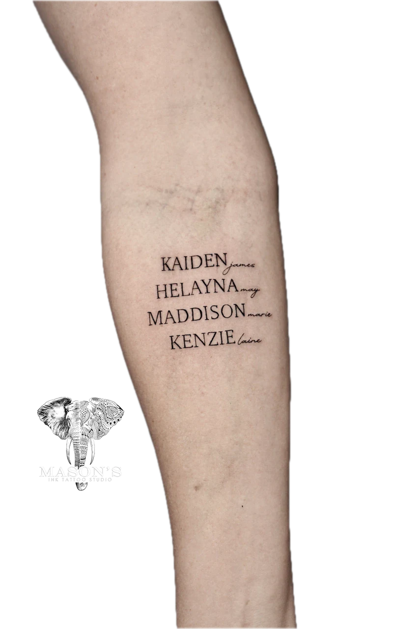 Fine Line Script Tattoo Artwork: Names of loved ones on the calf in elegant script