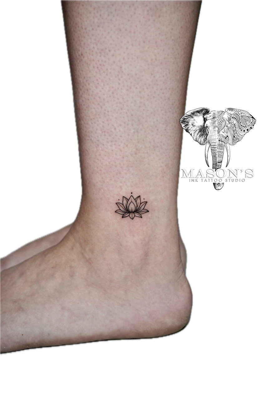 Fine Line Flower Foot Tattoo Design: a small black and grey lotus flower tattoo on the ankle