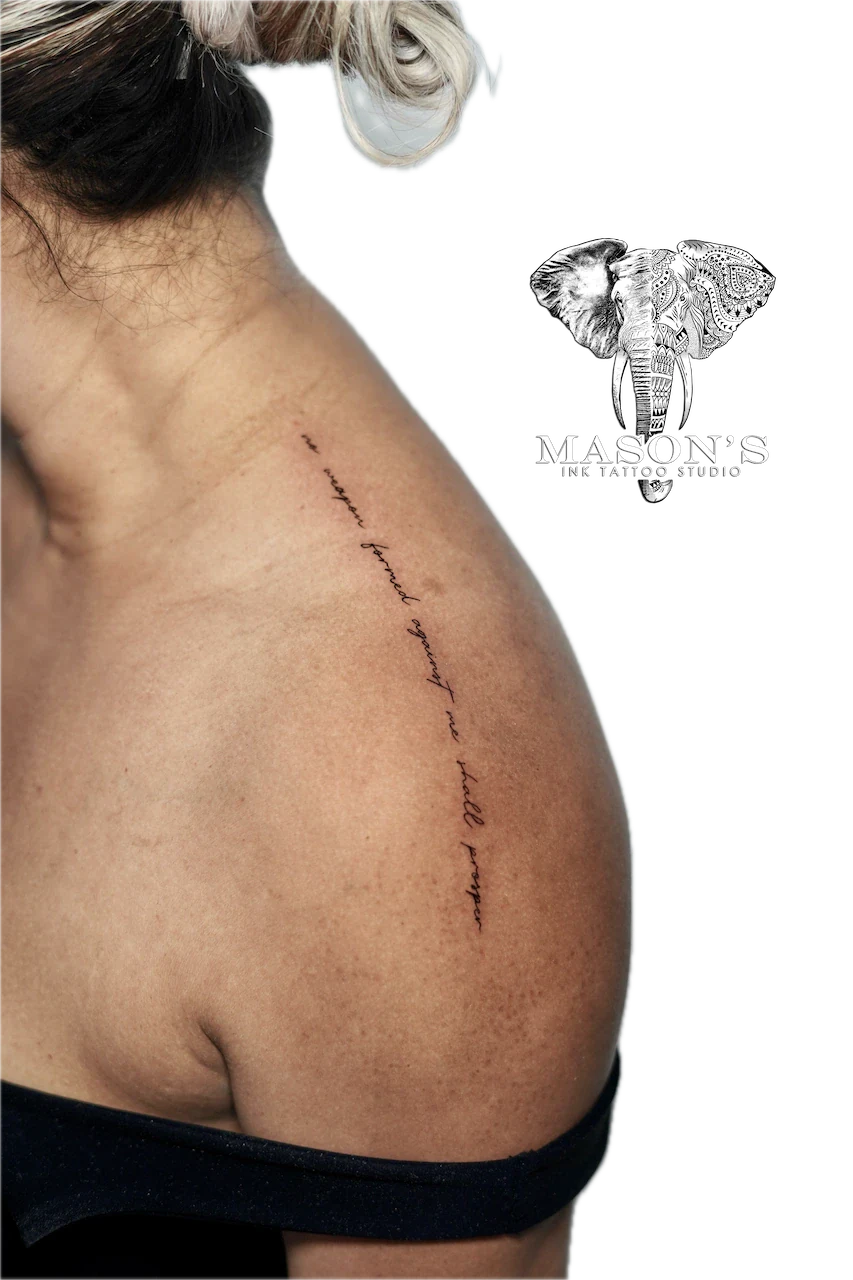 Fine Line Script Tattoo Design: Small script lettering on the side of the stomach