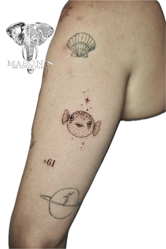 Buntal Fish & Number Fine Line Tattoo - Fineline tattoo by Mason's Ink Tattoo Studio, Bali