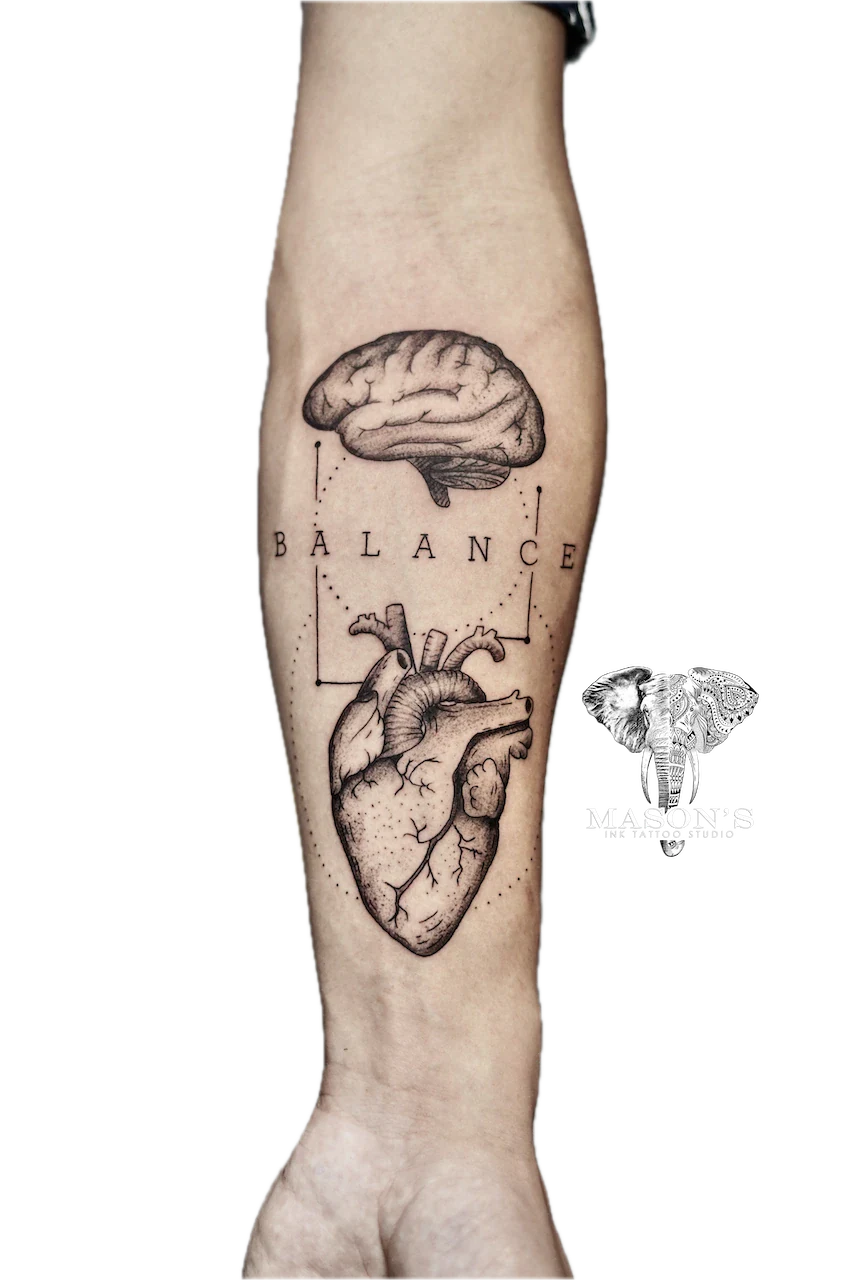 Conceptual Brain and Heart Fine Line Realism Tattoo - Fineline tattoo by Mason's Ink Tattoo Studio, Bali