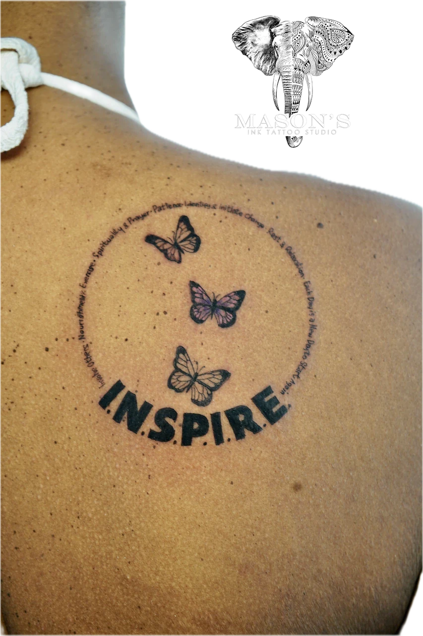 Custom Fine Line Script and Butterfly Color Tattoo - Fineline tattoo by Mason's Ink Tattoo Studio, Bali