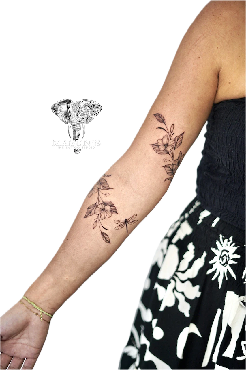 Elegant Round Flower Fine Line Tattoo Design - Fineline tattoo by Mason's Ink Tattoo Studio, Bali