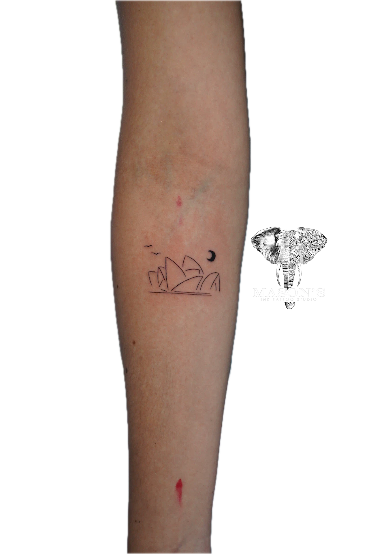 Fineline Tattoo Style Sydney Opera House Design: Minimalist moon and building tattoo on calf