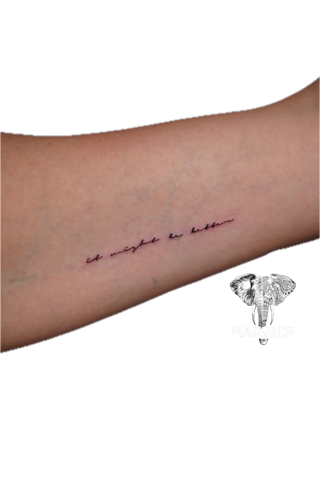 Fineline Script Tattoo Design: Minimal black and grey lettering on the forearm