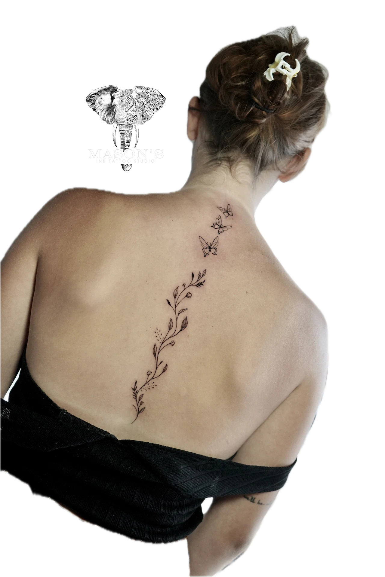 Floral Fineline Tattoo Design: a delicate branch with butterflies and flowers on the back