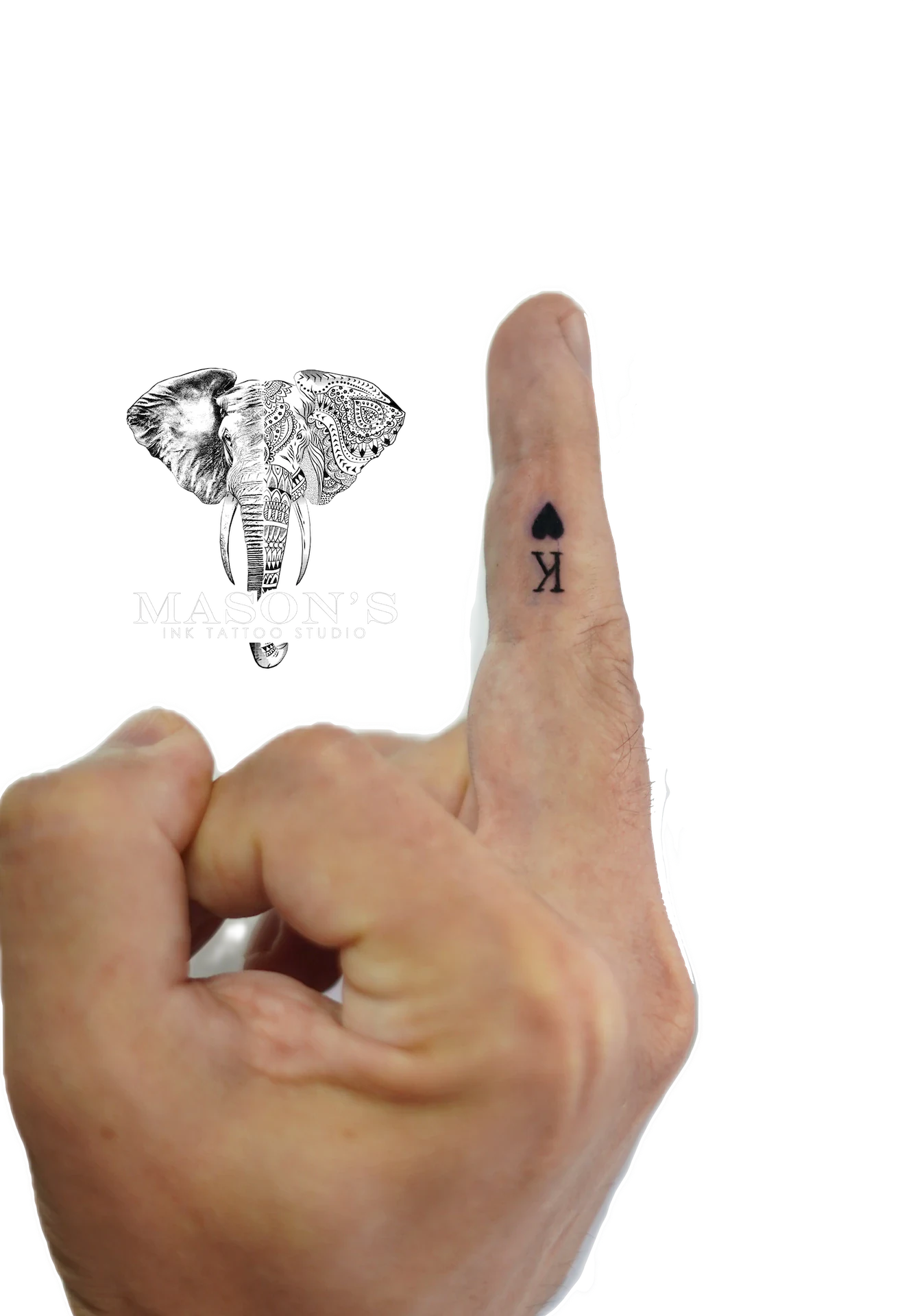 Fine Line King of Hearts Tattoo Design: a small black heart and letter K on a finger