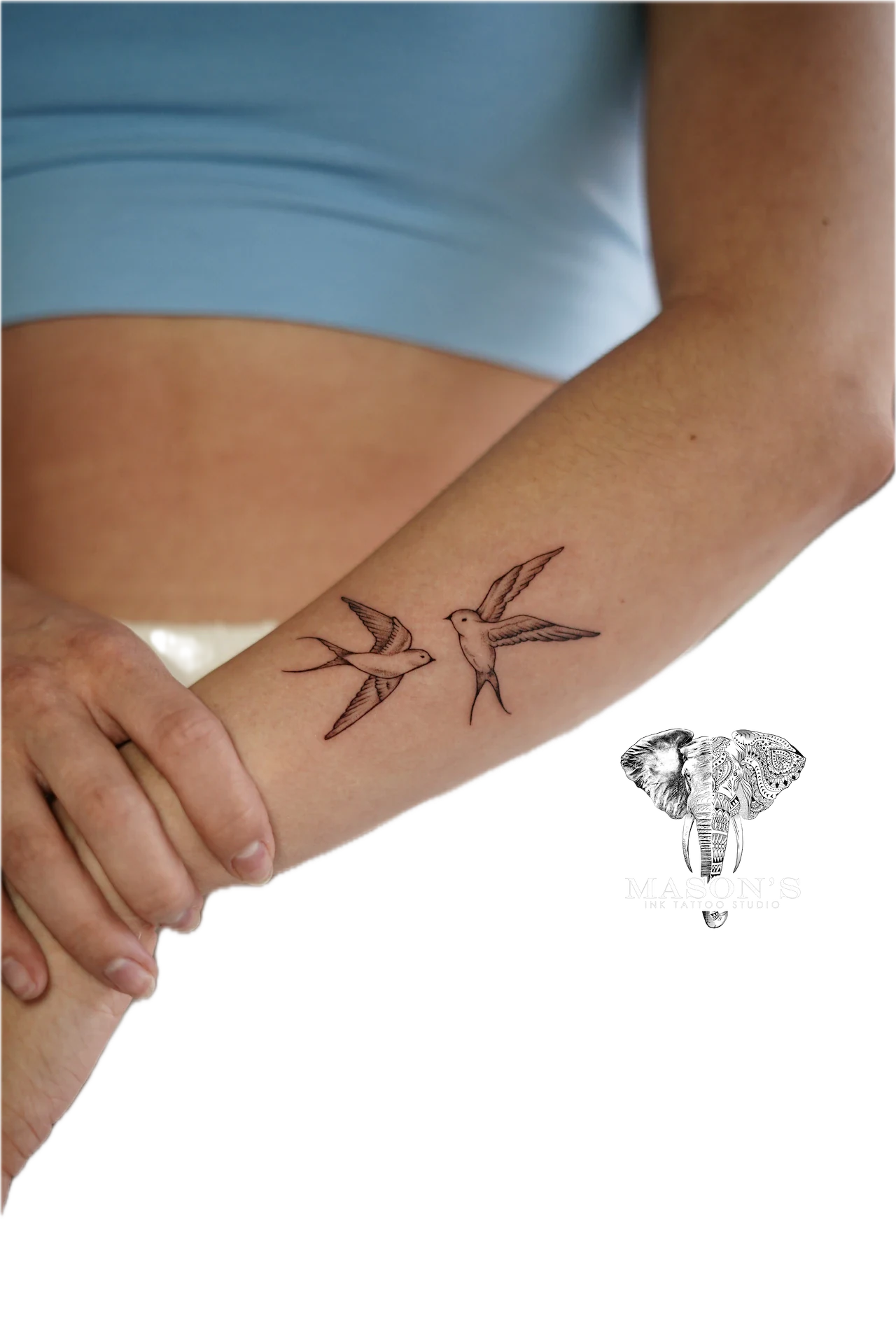 Fine Line Bird Tattoo Design: Two swallows flying on a forearm in black and grey