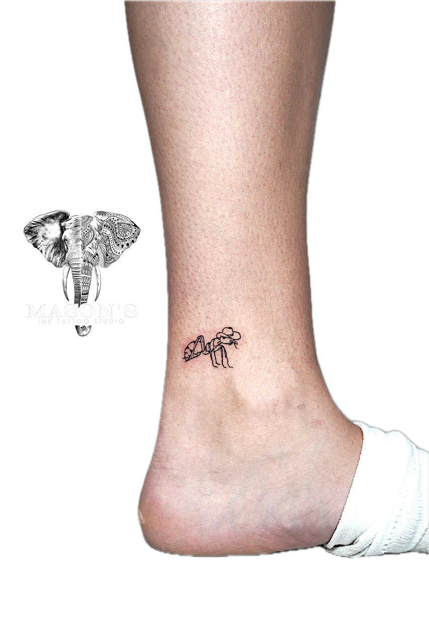 Fine Line Ant Tattoo Design by Mason's Ink Tattoo Studio, Bali
