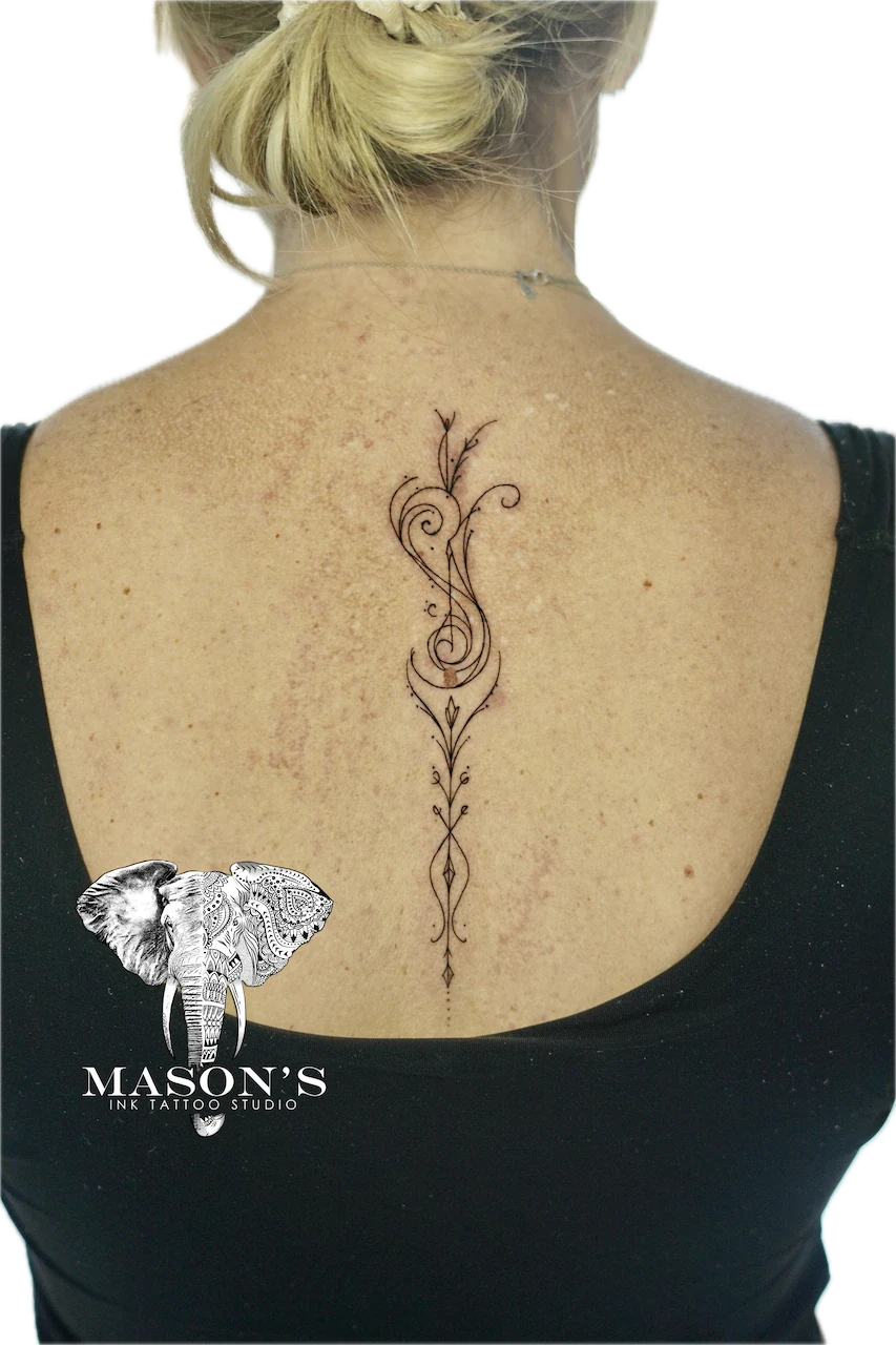 Fine Line Back Linework Tattoo Design - Fineline tattoo by Mason's Ink Tattoo Studio, Bali