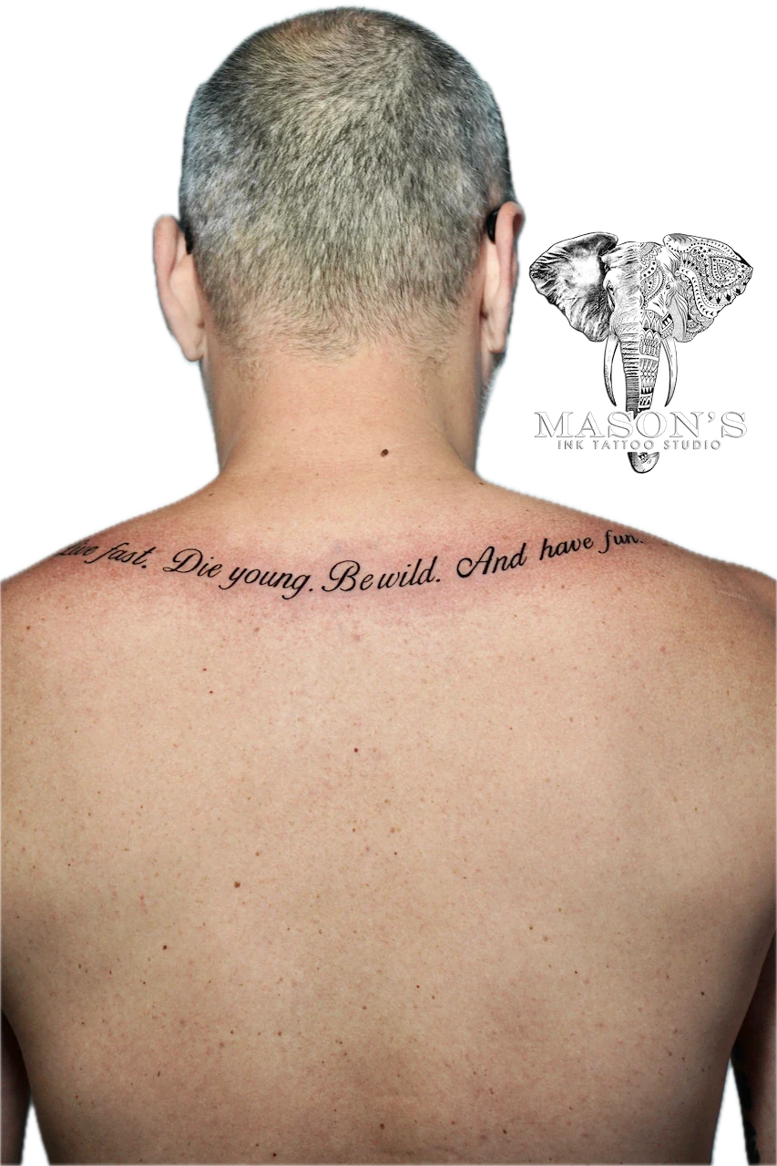 Fine Line Back Script Tattoo Design - Fineline tattoo by Mason's Ink Tattoo Studio, Bali
