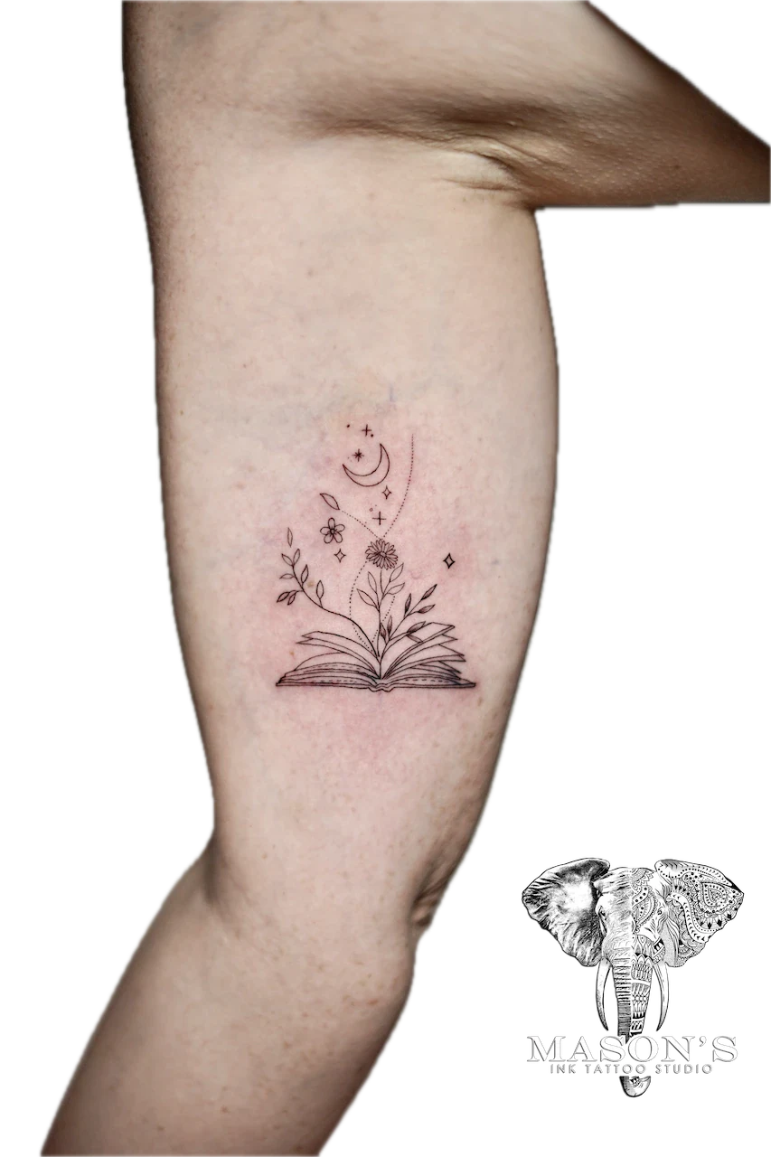 Fine Line Book and Flower Tattoo - Fineline tattoo by Mason's Ink Tattoo Studio, Bali
