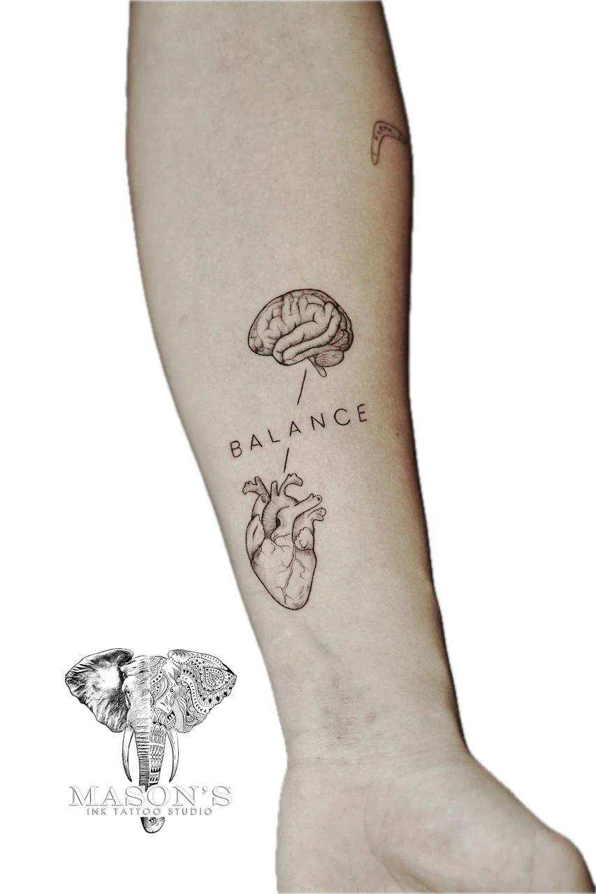 Fine Line Brain Heart and Script Tattoo Design - Fineline tattoo by Mason's Ink Tattoo Studio, Bali