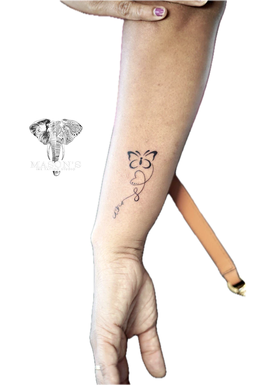 Fine Line Butterfly and Script Tattoo Design by Mason's Ink Tattoo Studio, Bali