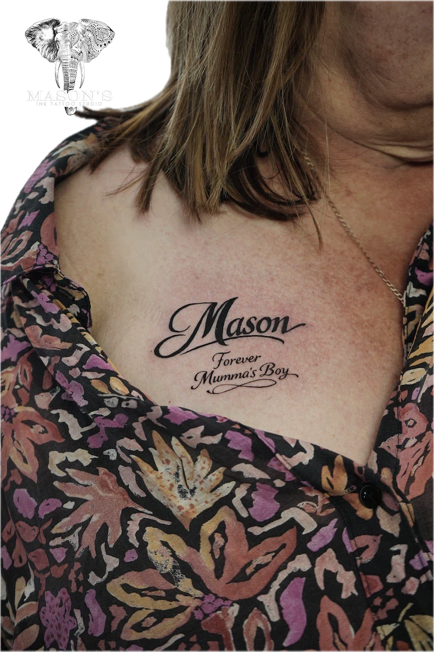 Fine Line Chest Script Tattoo - Fineline tattoo by Mason's Ink Tattoo Studio, Bali